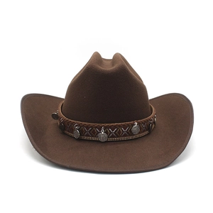 Classic dark brown western cowboy felt hat with ethnic ribbon and vintage silver coins