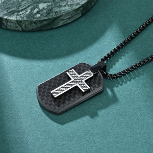 Men's stainless steel necklace featuring a black carbon fiber dog tag with silver cross