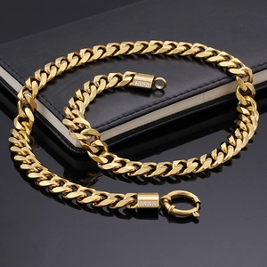 18K gold plated stainless steel Cuban link necklace with iced out diamond clasps