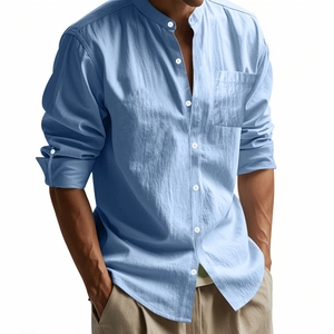 Detail of light blue linen shirt featuring a mandarin collar and chest pocket texture