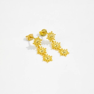 Macro shot of 925 silver sunflower earrings with three linked golden star elements