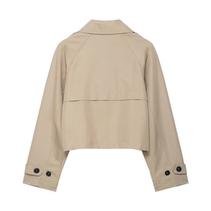 Short khaki double-breasted trench jacket with lapels and adjustable cuffs on white background