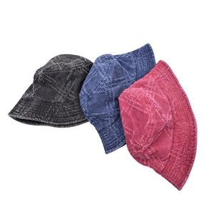 Vintage washed cotton bucket hats with decorative cross stitching in three colors