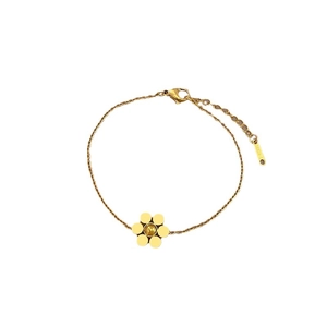 Golden titanium steel bracelet with six-petal flower charm and yellow center crystal