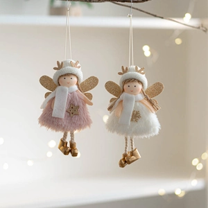 Pink and white plush angel ornaments with golden wings for Christmas tree decoration