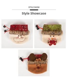 Detailed view of Christmas drawstring gift bags with Santa, Snowman, and Reindeer motifs