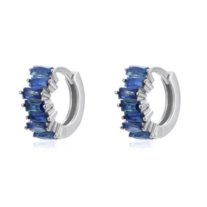 Detail of S925 silver hoop earrings featuring rectangular blue zircon stones
