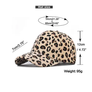 Detailed size chart for leopard print corduroy baseball cap with measurements and weight