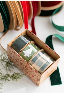 Three-roll Christmas velvet ribbon set with green plaid and tree patterns in a kraft box