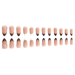 French leopard print almond press-on nails with metallic gold curves and pink base