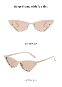 Vista frontale e a 45 gradi degli occhiali da sole vintage beige gatto con lenti marroni
