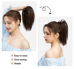 Detail showing easy to wear brown synthetic ponytail extension with a stable claw clip