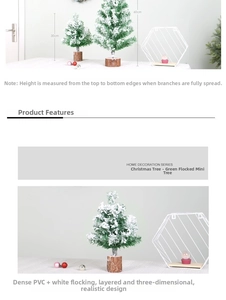 Mini flocked Christmas tree detail with dense PVC snow and solid wood base stand