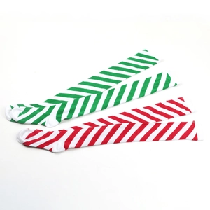Close-up of red and green diagonal striped over-the-knee socks for festive costumes