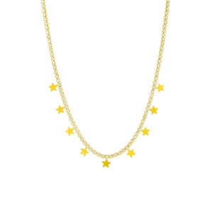 Titanium steel gold tennis chain necklace with sparkling star charms on white background