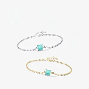 925 Sterling Silver Bracelet Women Square Green Stone Minimalist Bead Chain Adjustable Light Luxury Fashionable Jewelry