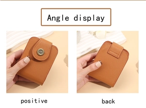 Front and back view of brown Saffiano leather mini makeup pouch with sunflower buckle