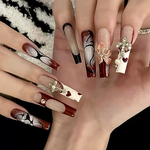 Handmade Press On Nails Long Coffin Fake Nails With Rhinestone Cross Artificial Pearl Dark Red Cat Eye 3D Flower French Gothic