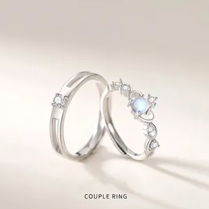 925 Sterling Silver Moonstone Couple Rings Adjustable Crown Geometric Rhinestone Ring Set For Men Women Lovers Jewelry Gift