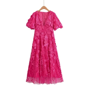Robe Maxi Femme Applique Florale Texturée Maille Tulle Col En V Manches Bouffantes Élégante Fuchsia Fête Vacances A Ligne