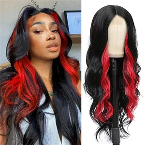 Long wavy black wig with red highlights for women featuring professional ombre synthetic hair