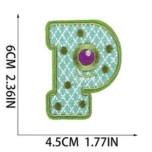 Detailed view of Letter P Halloween patch featuring monster embroidery and 6CM size dimensions