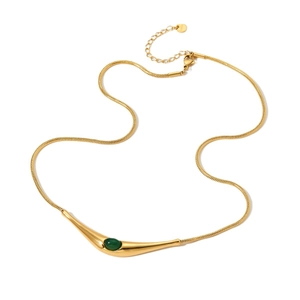 Chic gold stainless steel snake chain necklace with a triangular green natural stone pendant