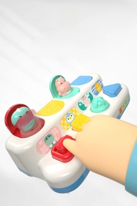 Mechanical pop-up activity toy with animal figures, buttons, and knobs for sensory play