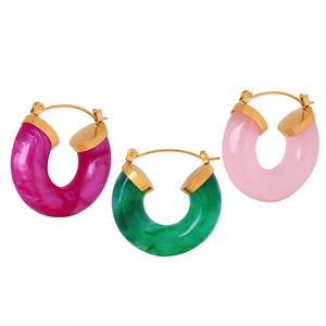 Chic U-shaped gold plated stainless steel resin hoop earrings in multiple marble patterns