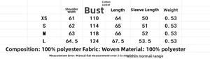Size chart showing XS to L measurements for the casual kimono-style long sleeve jacket