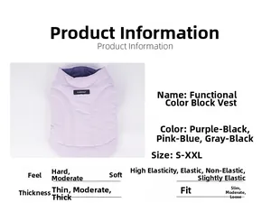 Detailed chart of padded pet vest showing purple color, thick quilting, and size specifications