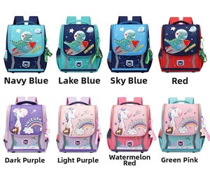 Collection of waterproof school backpacks for children in various dinosaur and unicorn themes