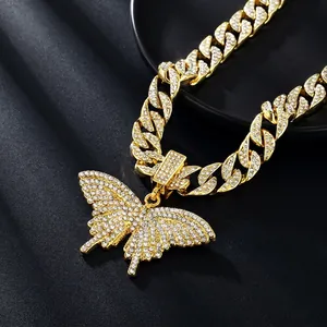 Golden hip hop Cuban link chain necklace with iced out butterfly pendant for women