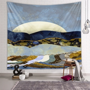Detailed view of mountain landscape tapestry on white brick wall with home decor items