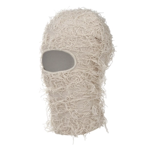 Beige knitted balaclava mask with fuzzy long plush fur for outdoor winter warmth