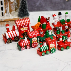Christmas wooden train desktop decoration with mini Santa and snowman figurines