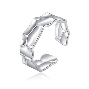 Irregular hammered texture stainless steel open ring with a polished silver finish