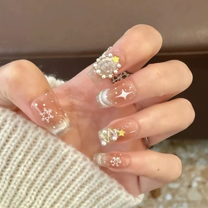 Unghie Finte Di Natale Fatte A Mano Fiocco Di Neve Occhio Di Gatto Inverno Elegante Con Perla Artificiale Stella Glitter Per Donna