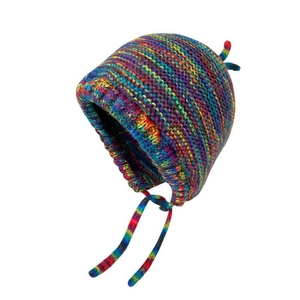 Detailed knit texture of colorful rainbow knit hat with earflaps and strap ties