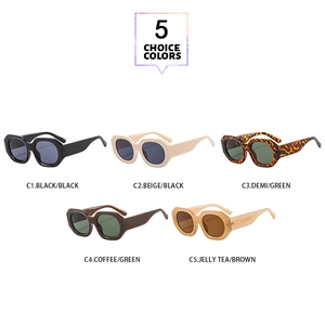 Multi-angle view of five stylish retro polygon sunglasses in various frame and lens colors