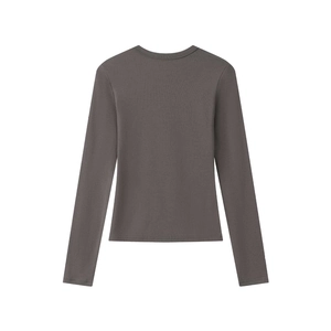 Back view of dark gray modal stretch long sleeve T-shirt with hourglass waist fit
