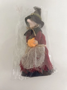 Halloween witch doll hanging ornament with red robe, pointed hat and orange pumpkin