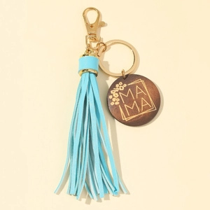 Faux leather tassel keychain with engraved MAMA wood tag and golden metal clip