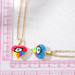 Rainbow heart evil eye enamel necklace with gold plating for women in retro ethnic style