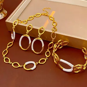 Gold Plated Alloy Jewelry Necklace Bracelet And Earrings Geometric Oval Link White Enamel With Silver Earring Post