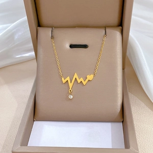 Heartbeat ECG Necklace Stainless Steel Heart Zircon Pendant Minimalist Clavicle Chain Jewelry For Women