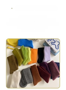 Detailed close-up showing vibrant vertical ribbed wool blend crew socks in multiple colors