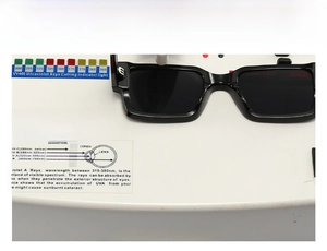 Detail showing UV400 protection testing on square black sunglasses with rice nail accents