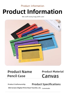 Detail view of multi-color canvas pen pouches with three-hole binder ring design