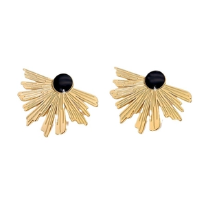 Gold fan-shaped stainless steel earrings with black circular inlay on white background